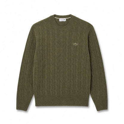 Lacoste Cable Knit Sweater in Combed Wool with Crew Neck
